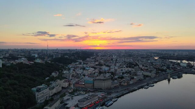 Drone shot of the skyline of Kiev with the Dnipro river during the sunset.