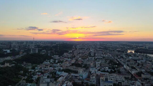 Aerial view of the skyline of Kiev during the sunset.