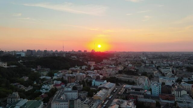 Drone view of a big red sky over the city of Kiev in Ukraine