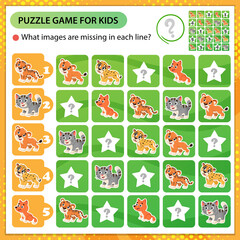 Sudoku puzzle. What images are missing in each line? Baby animals. Little cat, lion, tiger, cheetah, fox. Logic puzzle for kids. Game for children. Worksheet vector design for schoolers
