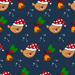 winter seamless background with bears and Christmas bells, winter berries.