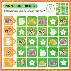 Sudoku puzzle. What images are missing in each line? Farm animals. Cow. Logic puzzle for kids. Education game for children. Worksheet vector design for schoolers