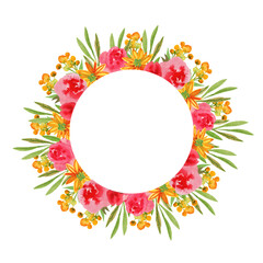 Round watercolor frame with flowers. For the design of invitations, postcards, greeting cards and other designs.