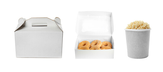 Collage of cardboard containers with fresh food on white background. Online delivery