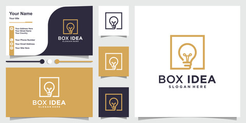 Box idea logo with modern line art concept and business card design Premium Vector