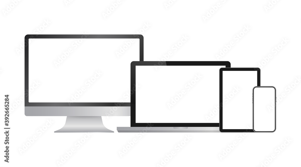 Poster realistic computer laptop smartphone and tablet. monitor screen display template. vector stock illus