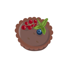 Tartlet with chocolate cream, red currants and blueberries. To decorate the menu of a restaurant or cafe. Isolated dessert element on white background. Vector