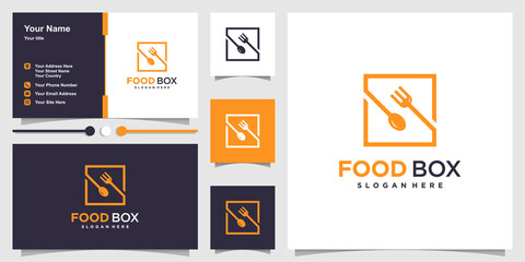 Food logo with box line art style and business card design Premium Vector