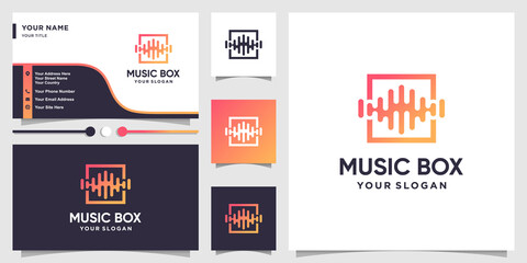 Musix box logo with modern line art style and business card design Premium Vector