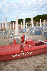 Punta Prosciutto, Italy - September 02, 2020 : Lifeguard boat at Punta Prosciutto