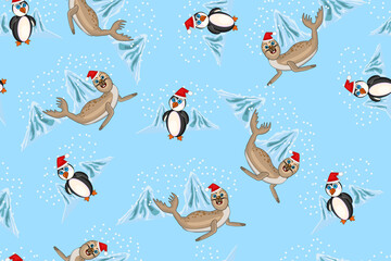 Seamless pattern with penguin and seal on blue background. Winter repeated texture with cartoon characters for winter and christmas theme. Arctic animals seamless pattern. Stock vector illustration
