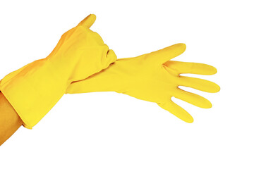 Naklejka na ściany i meble female hands in yellow gloves