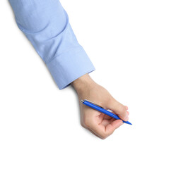 Man with pen on white background, top view. Closeup of hand