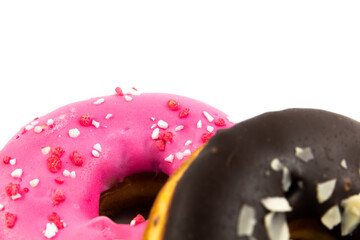 Macro photography of glazed donuts on white isolated background
