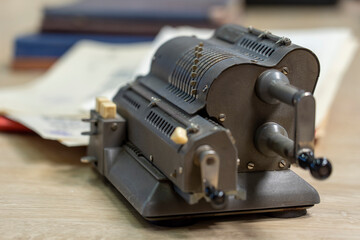 Fototapeta na wymiar closeup of old calculating machine.