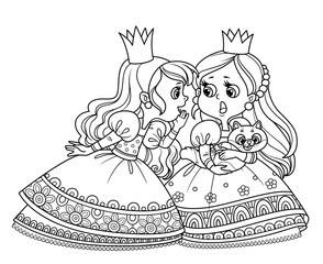 Two cute princesses gossip or secret one of them has a cat outlined for coloring book