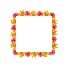 Square watercolor frame with flowers. For the design of invitations, postcards, greeting cards and other designs.