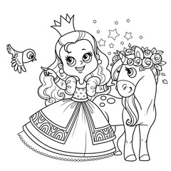 Cute princess in lush dress with cure unicorn outlined for coloring book © Azuzl