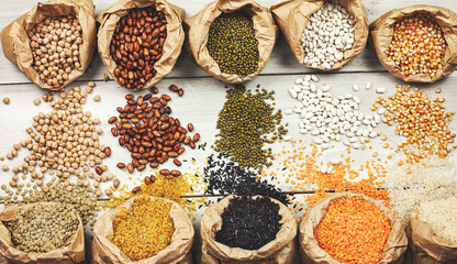 Legumes bean seed in sack, top view