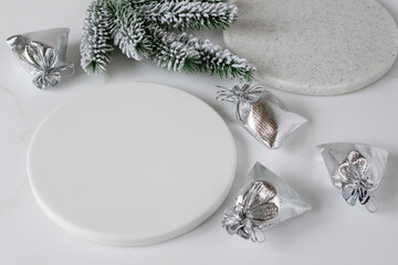 Round coasters made of artificial stone tabletop. Food stan.