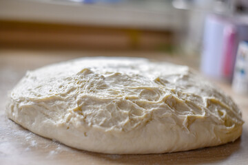 dough prepared at home is on the table, close-up, blurred background