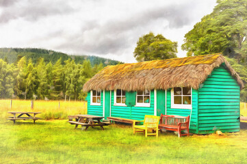Fototapeta na wymiar Wooden little house with grass roof colorful painting