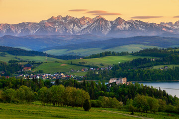 Beautiful spring sunset over Tatra mountains in Poland