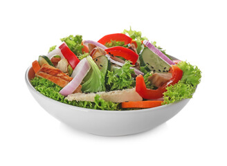 Delicious fresh chicken salad with vegetables isolated on white
