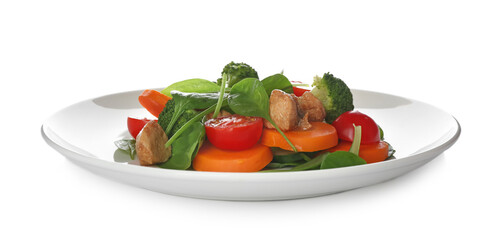 Delicious fresh chicken salad with vegetables and spinach isolated on white