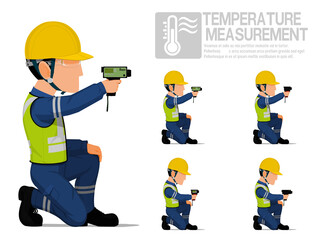 Set of industrial worker using pyrometer for measuring temperature.