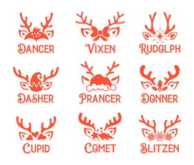 Christmas reindeer names. Set of vector silhouettes of santa deer faces with names and antlers. Templates for Christmas and New Year cards, flyers, invitations and tags. - obrazy, fototapety, plakaty