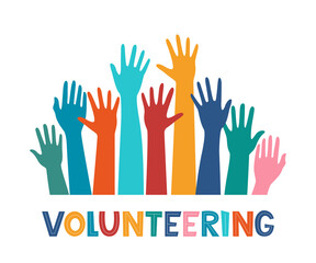Colored volunteer crowd hands. Hand drawing lettering Volunteering. Raised hand silhouettes. Volunteer education poster mockup, donation and charity concept. Vector illustration. - obrazy, fototapety, plakaty