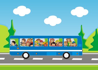 bus and children, road trip, vector icon