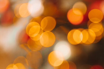 blurred Cristmas tree background, yellow and red