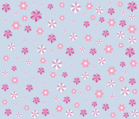 Flat pattern with colored flowers, many pink flowers,  cute background, vector illustration
