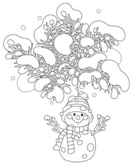 Funny toy snowman with a striped scarf and a warm hat hanging on a snowy prickly fir branch of a decorated Christmas tree, black and white outline vector cartoon illustration for a coloring book page
