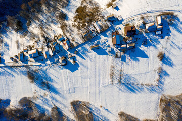 aerial view over private houses in wintertime