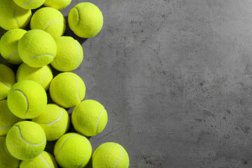 Tennis balls on grey table, flat lay. Space for text - Powered by Adobe