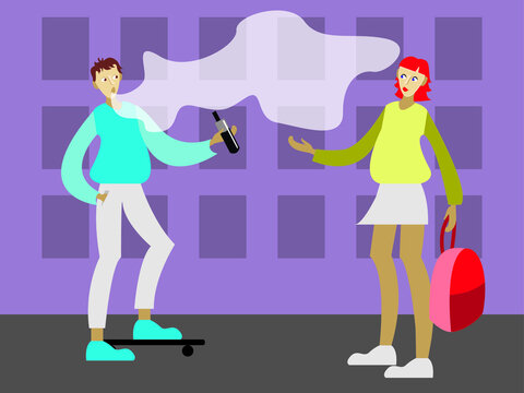 Vector illustration-a teenager on a skateboard Smoking a VAPE releasing a cloud of steam from his mouth and offering to try a girl with a backpack on the background of a multi-storey building