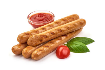 Grilled chicken hot dog sausages, close-up, isolated on white background