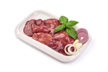 Raw Chicken livers, Fresh offal, close-up, isolated on white background
