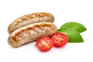 Grilled German Pork Sausages, munich sausage, close-up, isolated on white background