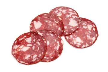 Sliced Milano salami, isolated on white background
