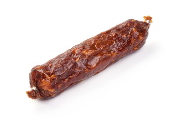 Italian sausage. Tasty dried sausage, isolated on white background
