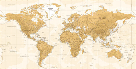 Carte du monde - Topographique physique vintage - Illustration détaillée de vecteur