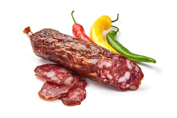 Italian sausage. Tasty dried sausage, isolated on white background