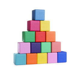 Wooden pyramid made with cubes isolated on white. Child's toy