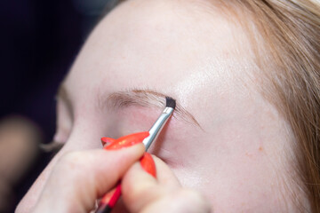 The master paints his eyebrows with a brush. Eyebrows and eyes close-up.