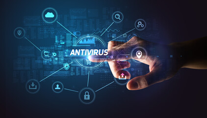 Hand touching ANTIVIRUS inscription, Cybersecurity concept