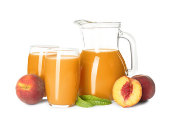 Natural freshly made peach juice on white background
